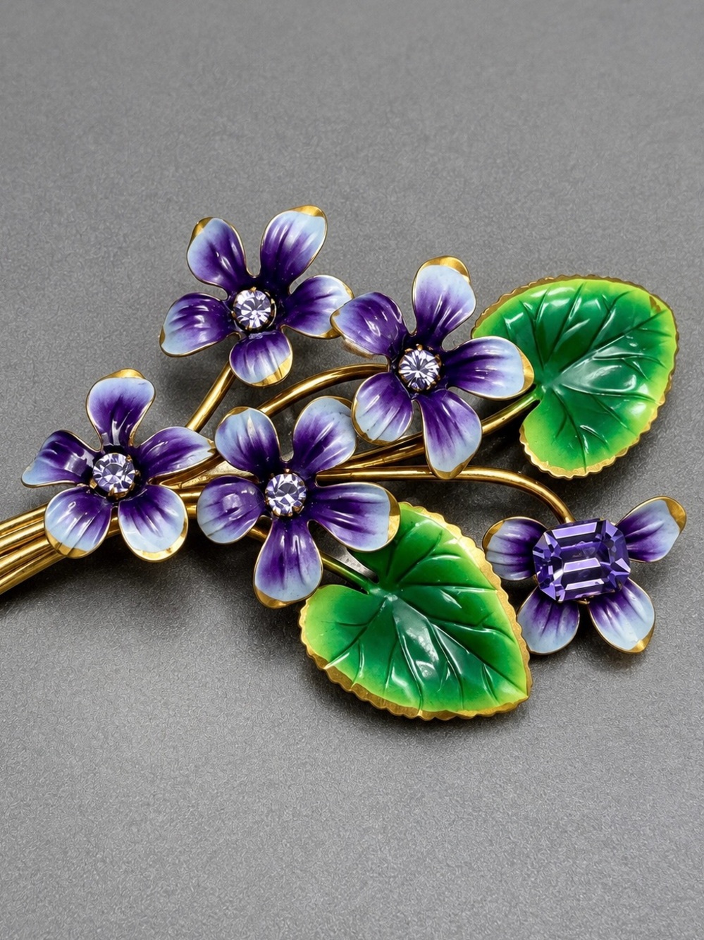 Vintage Violets & Green Leaf Brooch #cz377